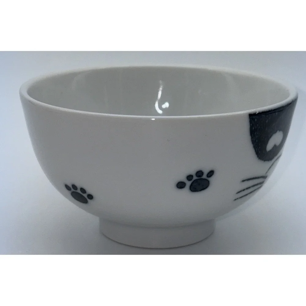 Cute Smiling Cat Black & White Japanese Rice Snack 4 Inch Bowl Porcelain